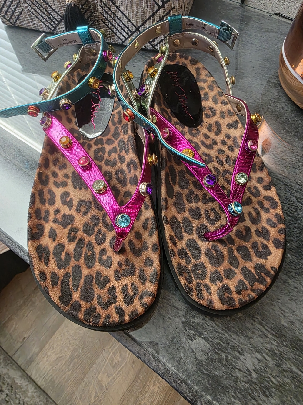 Betsey Johnson Multicolor Metallic Gem Leopard-Print Platform Sandals - Picture 6 of 6
